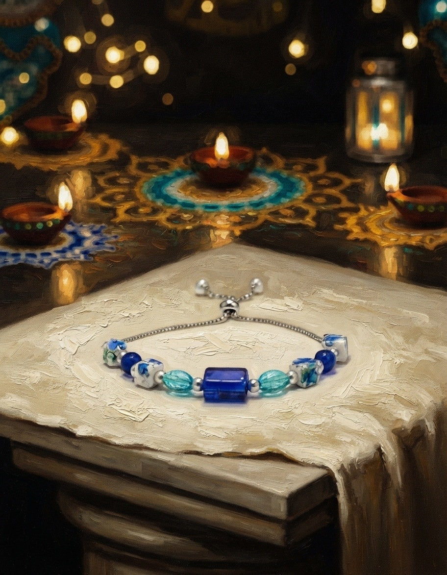 Blue & Silver Beaded Rakhi Bracelet