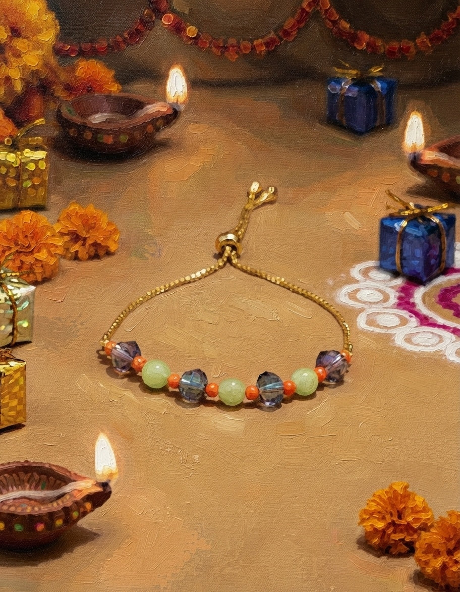 Green, Orange & Black Beaded Rakhi Bracelet