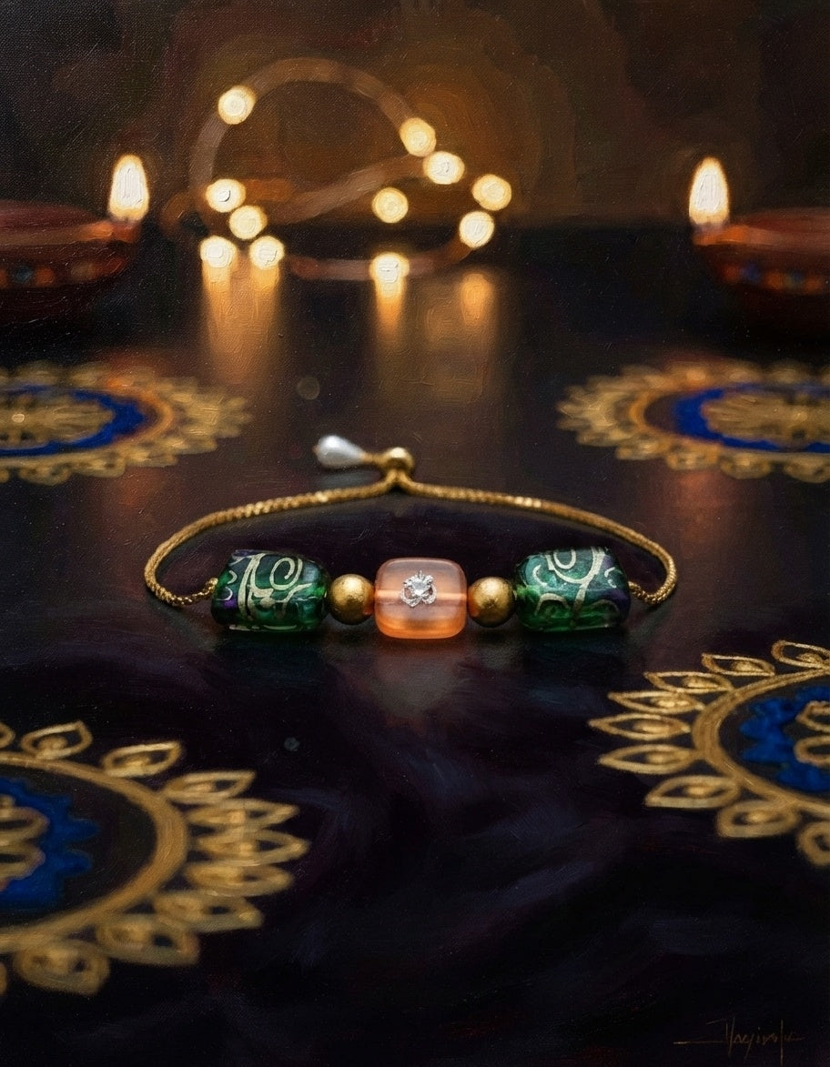 Green & Orange Beaded Rakhi Bracelet