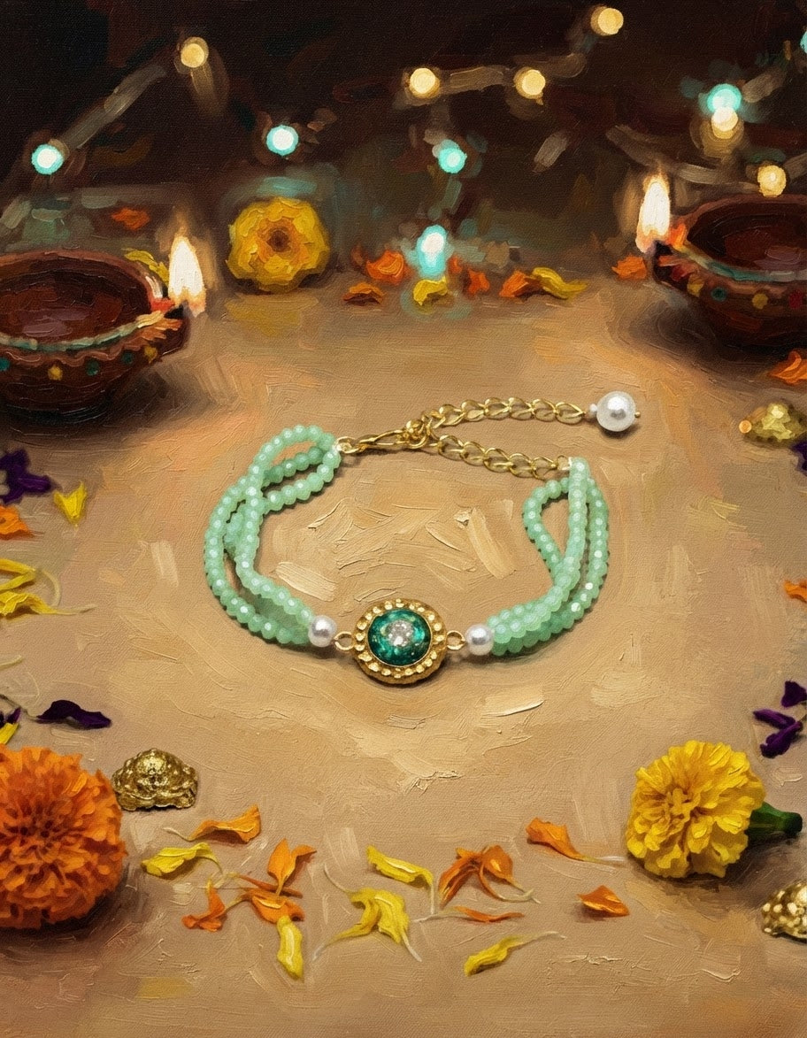 Green Om Three-String Rakhi Bracelet